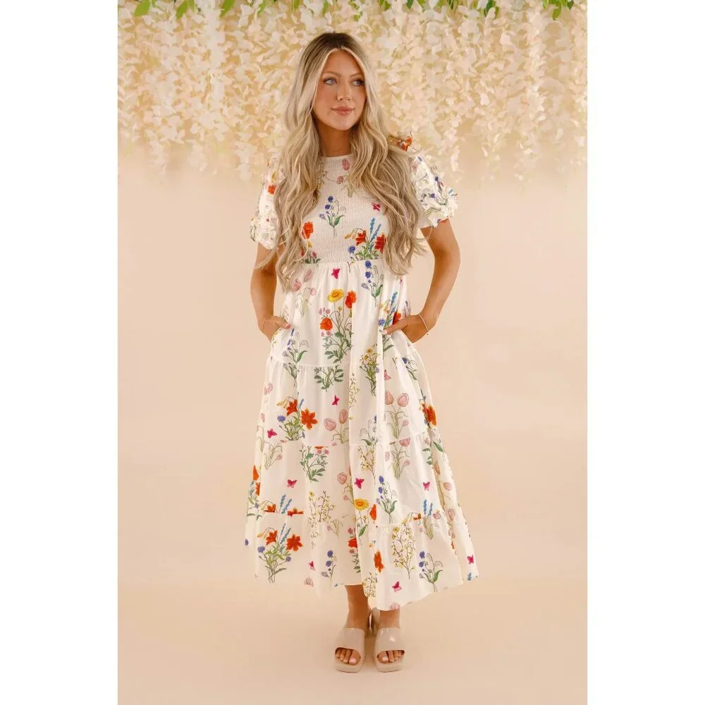 THML Ivory Floral Puff Sleeve Smocked Dress - Small - Picture 10 of 11